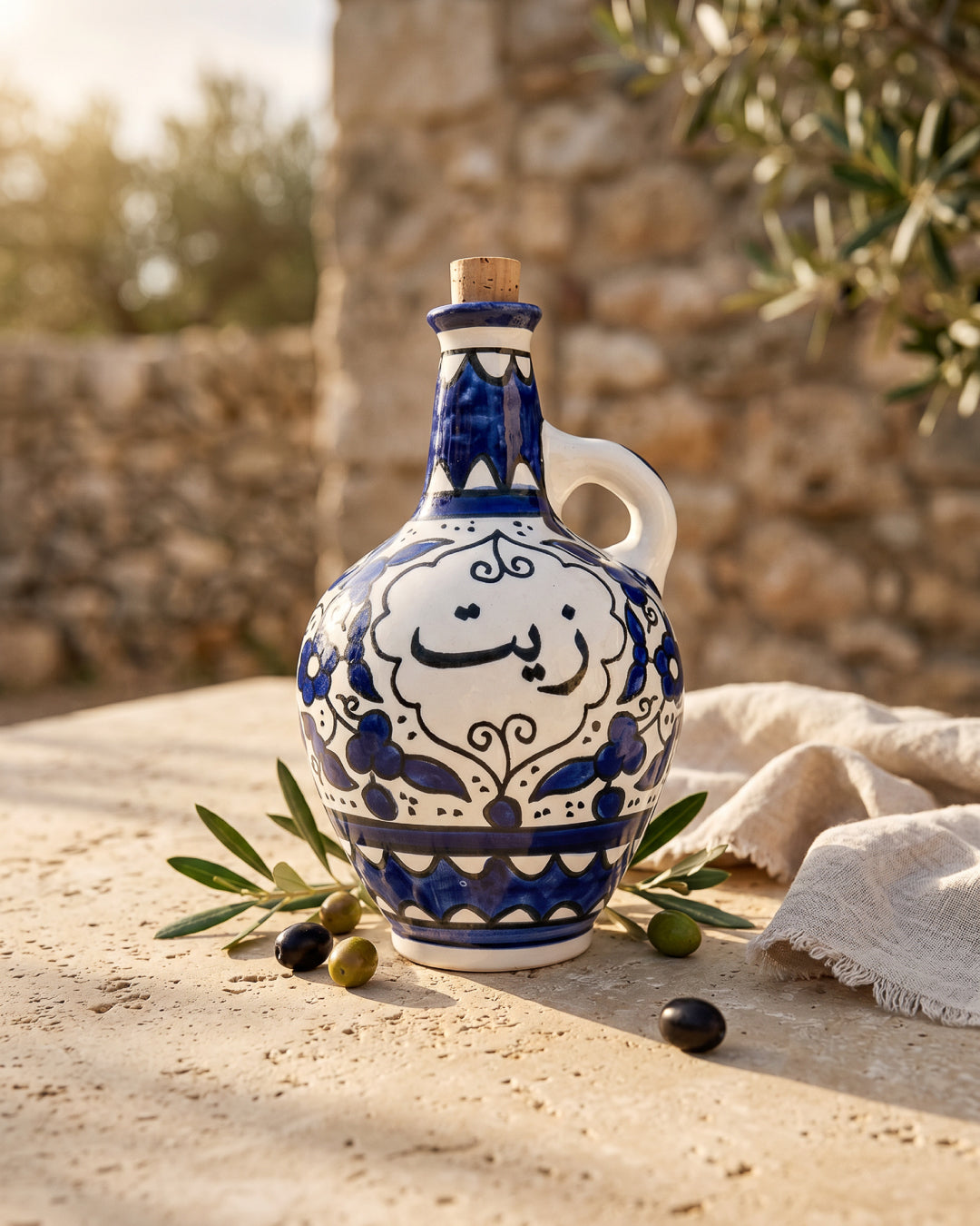 Hebron Ceramic Olive Oil Jug — Blue & White